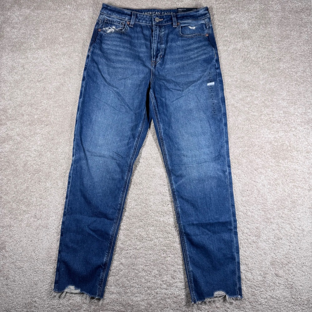 NWT American Eagle Super‎ High-Rise Strigid Mom Jeans Deep Sea Blue 8 Standard29